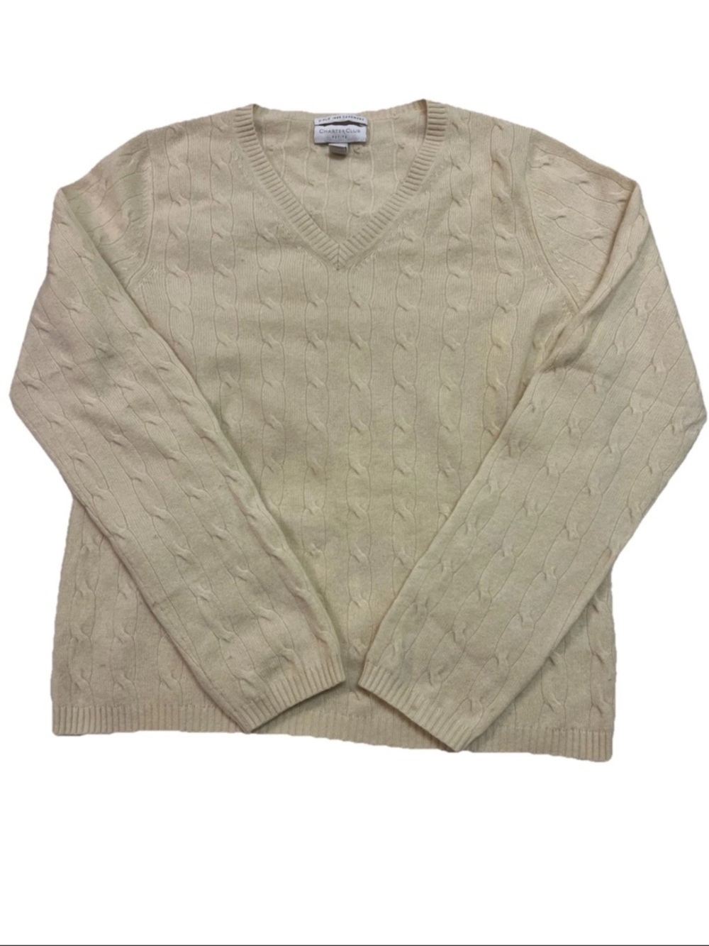 Charter Club Cashmere Sweater V-Neck Cable Knit Beige Long Sleeve Petite Small